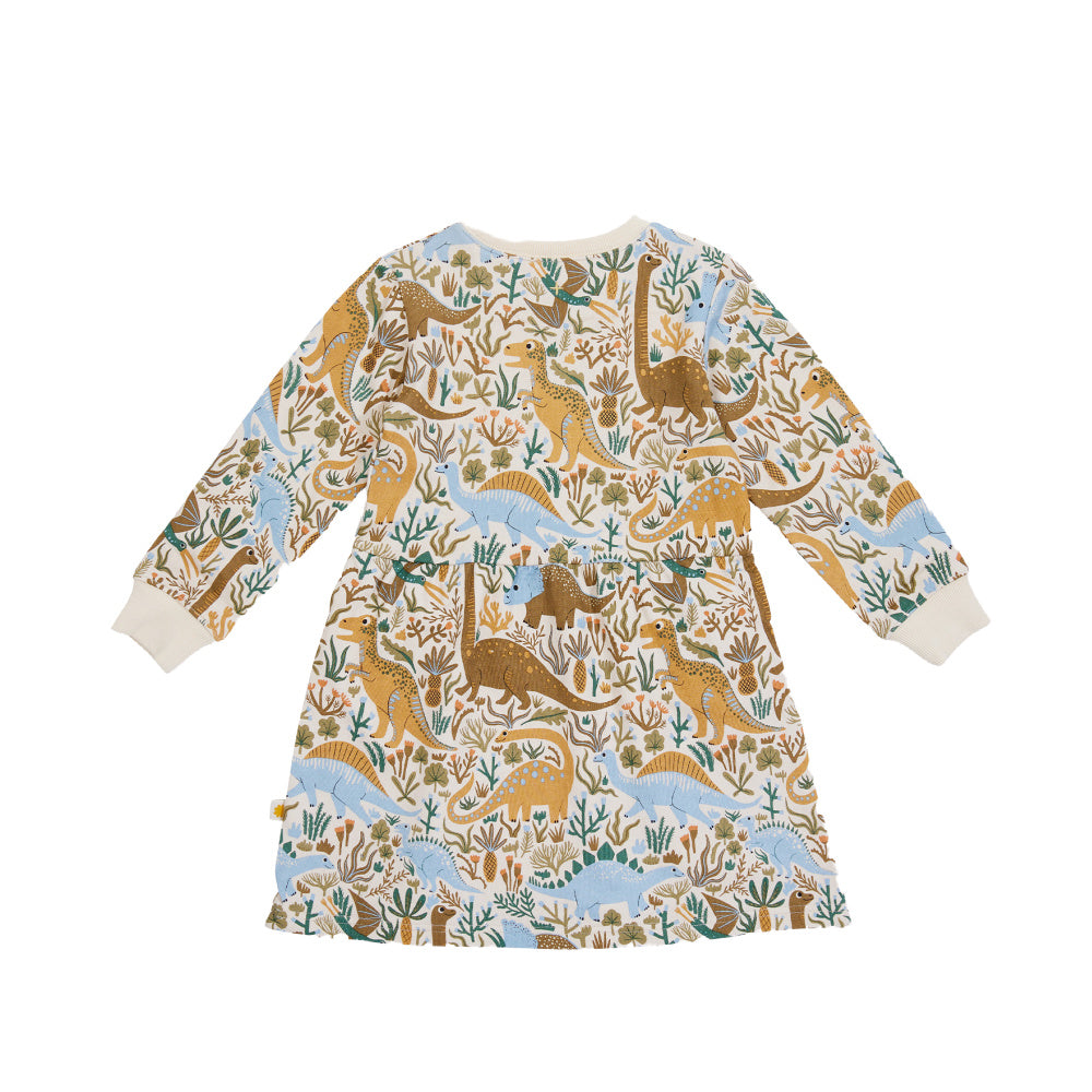 Dino Roar Gathered Pocket Dress - Blue