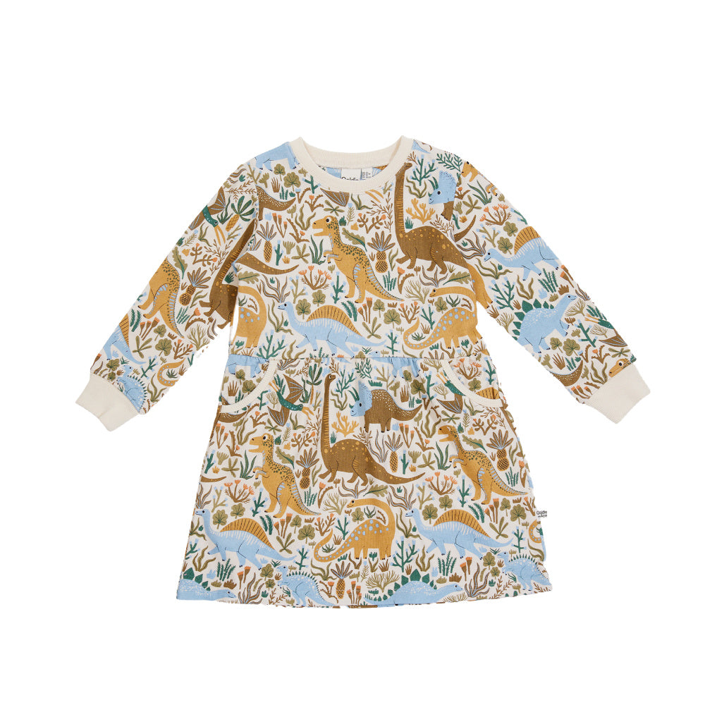 Dino Roar Gathered Pocket Dress - Blue