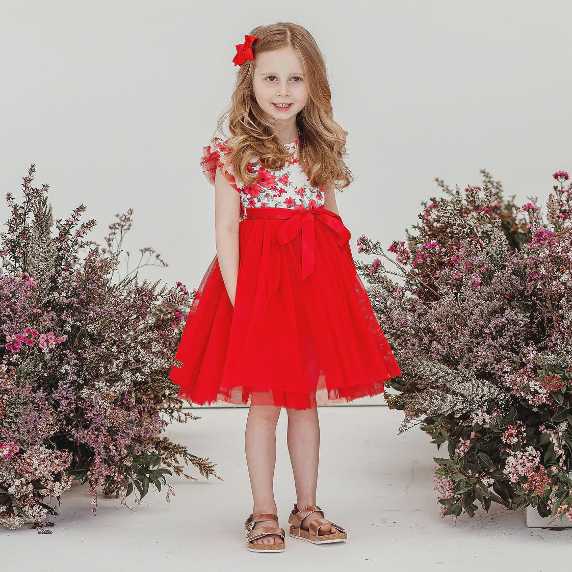 Designer Kidz | Camilla Floral S/S Tutu Dress - (Red)