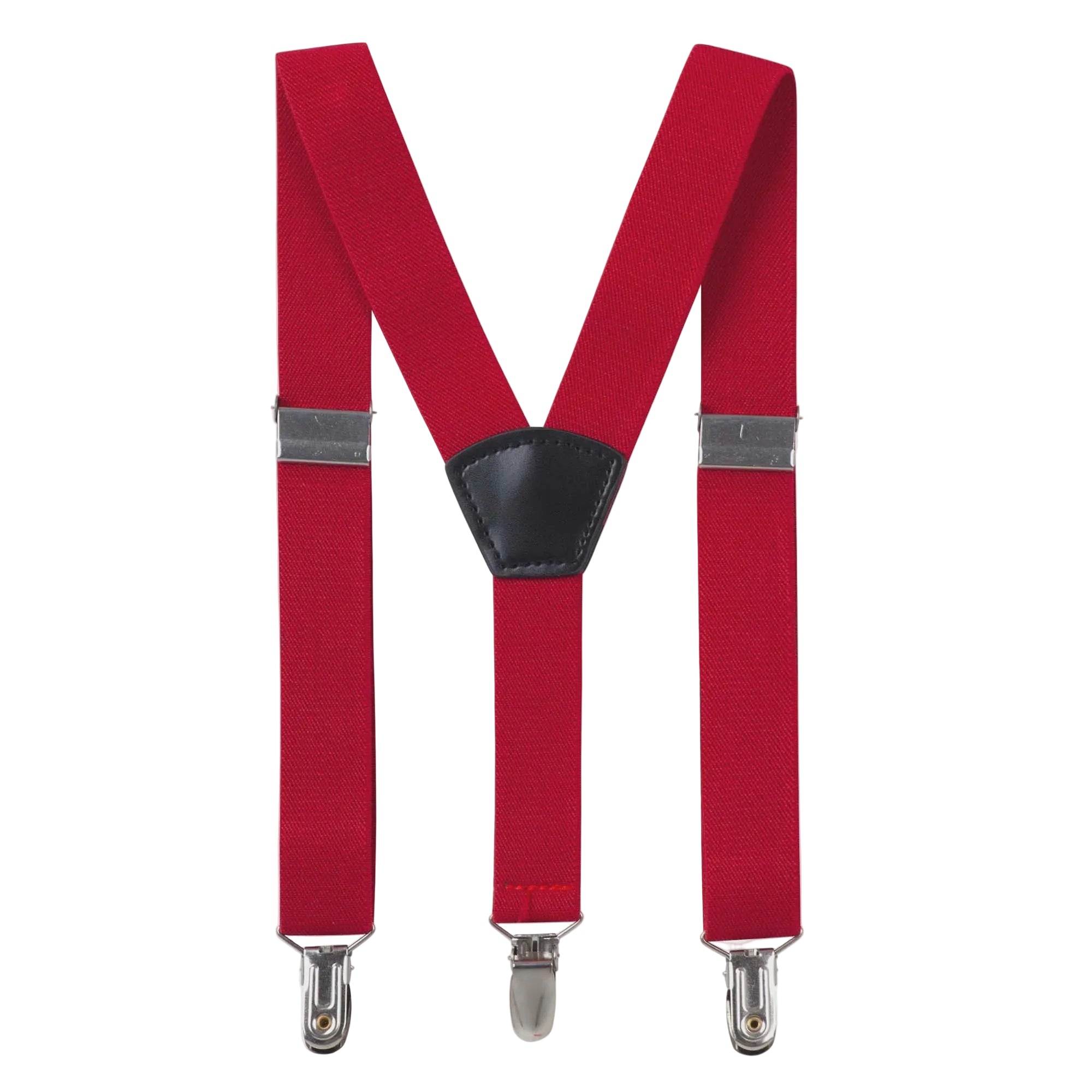 Red Y-back style suspender with clip-on attachments for shirts.