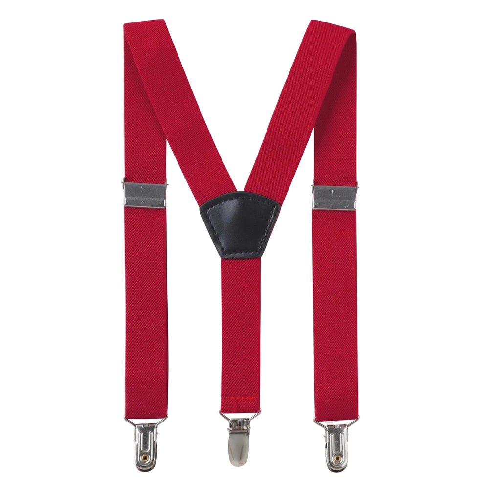 Red Y-back style suspender with clip-on attachments for shirts.