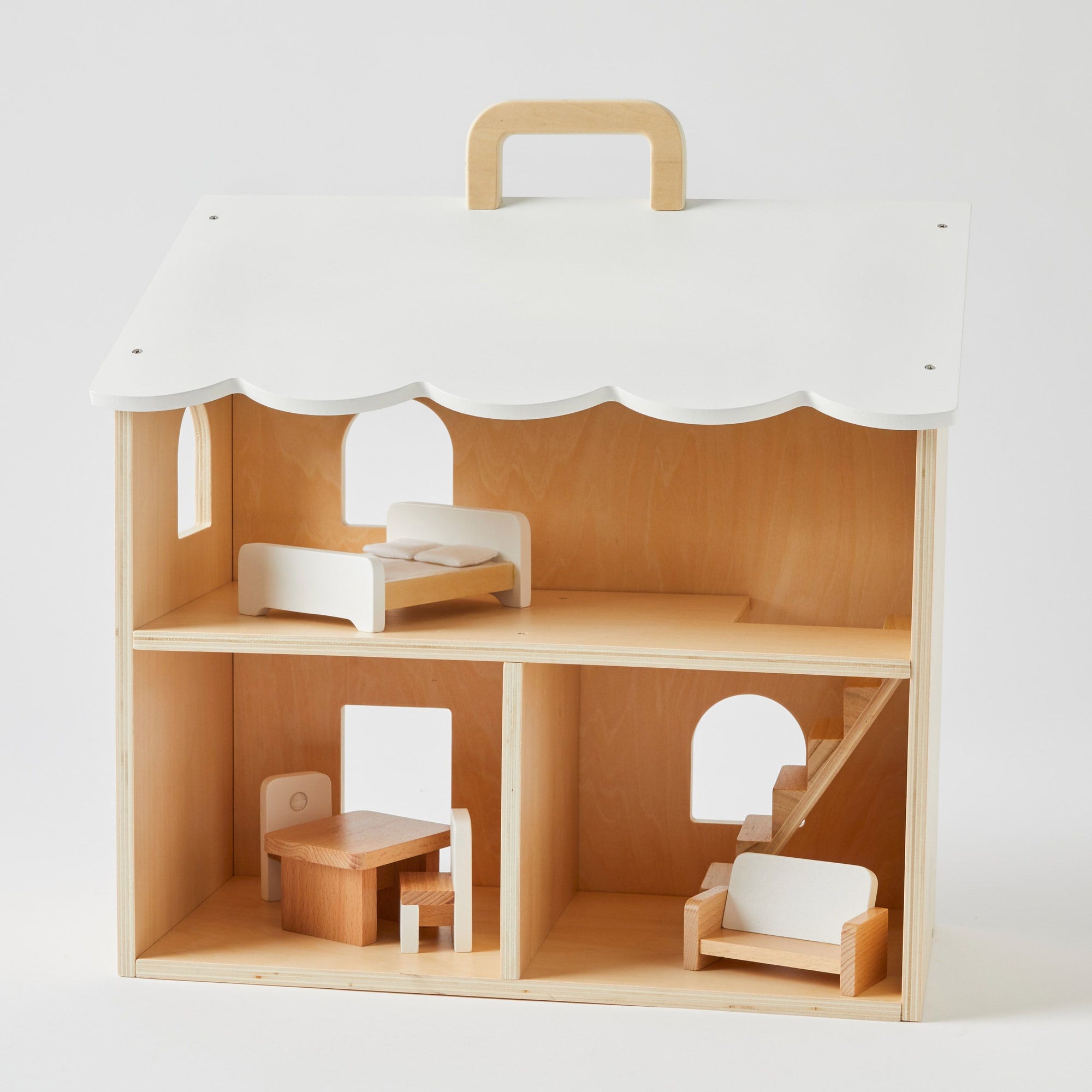 Wooden Doll House and Furniture Set
