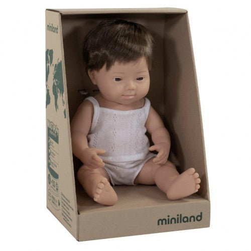 Miniland - Caucasian Boy Doll with Down Syndrome - 38 cm - Clothed