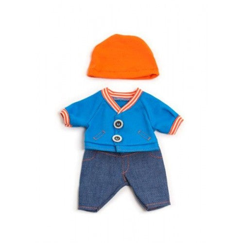 Miniland - Dolls Clothing - Blue Shirt, Jeans, and Orange Hat - 21cm