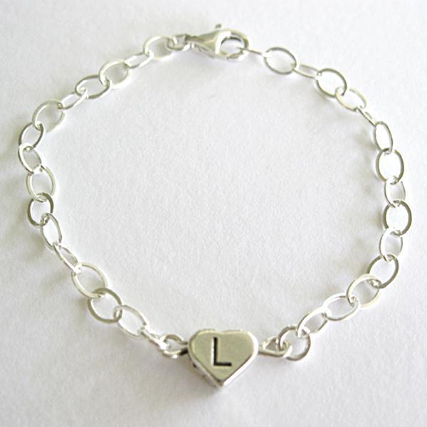 Stirling Silver Initial L - Heart Initial Girls Bracelet